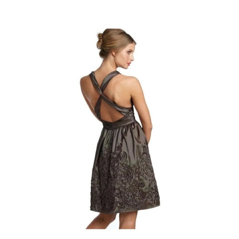 Adrianna Papell‎ Stunning Earth Toned Shimmery Midi Dress 3D Rosette Embroidered
